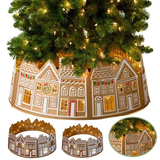 26/28-Inch LED Gingerbread Christmas Tree Collar Xmas Tree Skirt with String Light Xmas Artificial Trees Stand Base Ring Cover Decoration