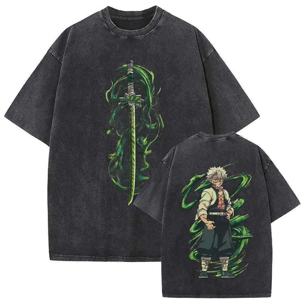 Demon Slayer Nezuko Vintage Washed Doppelseitiges Grafik-T-Shirt, Sakura & Blutdämonenkunst Oversized Streetwear Tee, Unisex Anime Freizeit-Oberteil