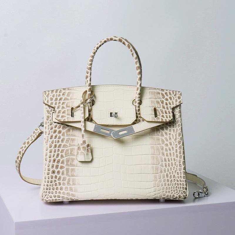 New First-layer Cowhide, Crocodile Pattern Portable Shoulder Messenger Bag, Genuine Leather, Himalayan Rhinestone Bag, Silver.