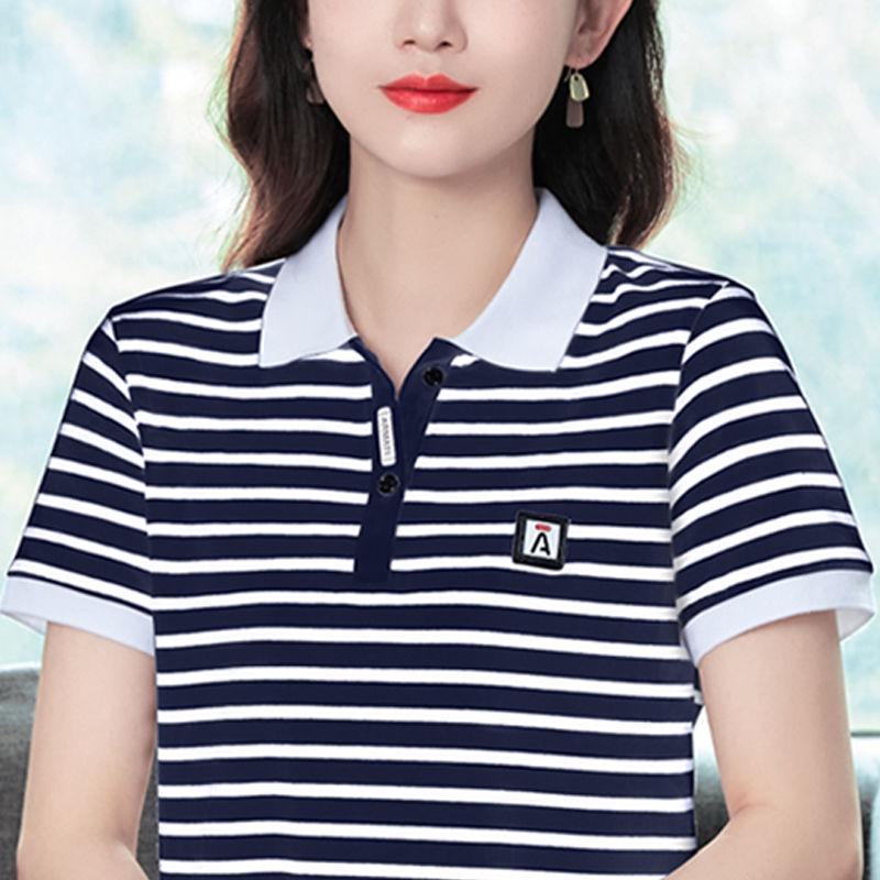 

Женская хлопковая футболка с коротким рукавом 2025 лето новейшая полосатая повседневная спортивная элегантная рубашка-поло с лацканами 4XL