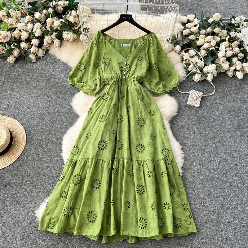 Retro Lantern Sleeve Heavy Industry Ruffles Dress Embroider