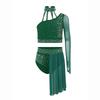 Girls Contemporary Dance Outfit One Shoulder Sheer Mesh Long Sleeve Rhinestone Crop Top with Irregular Skirt