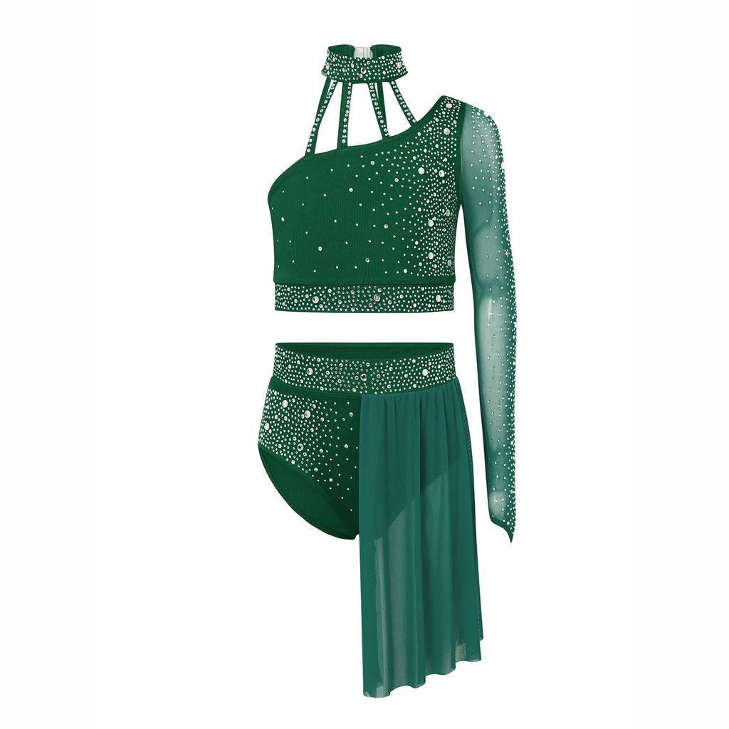 Girls Contemporary Dance Outfit One Shoulder Sheer Mesh Long Sleeve Rhinestone Crop Top with Irregular Skirt