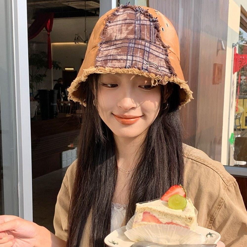 Beggar Style Plaid Bucket Hat Patched Sun Protection Basin Cap Fashion Retro Fisherman Hat  Women