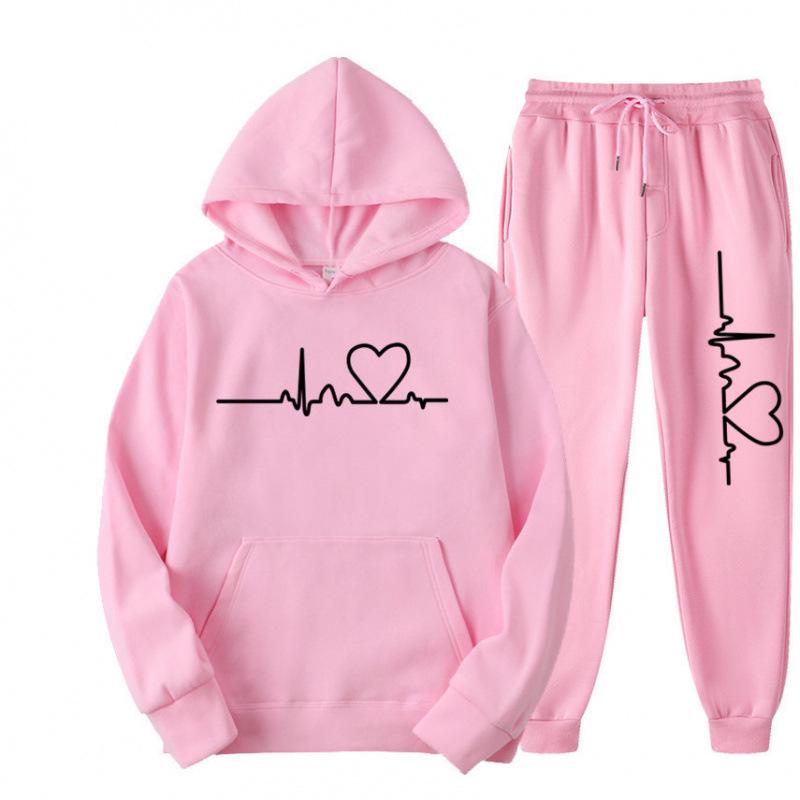 Unisex Heart Pattern Velvet Hoodie Set for Autumn/Winter