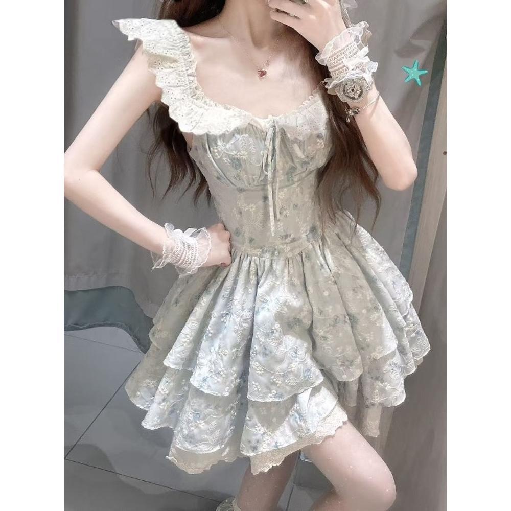 Pure desire sweet spice girl waist floral dress girlish design lace small flying sleeve princess fluffy cake short skirt