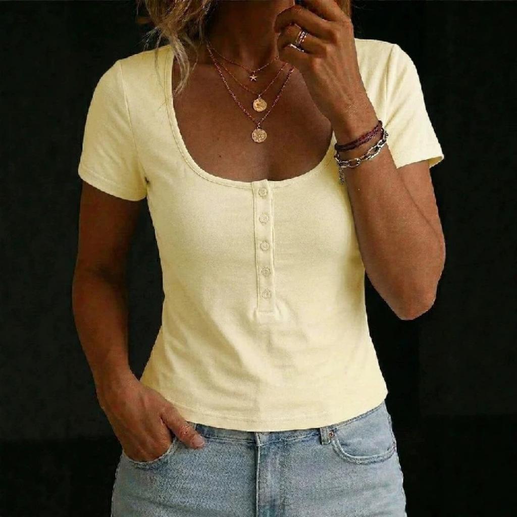 Summer Women's Solid Crop Top, Buttoned Square Neck Slim Fit Casual T-Shirt, Y2K Streetwear