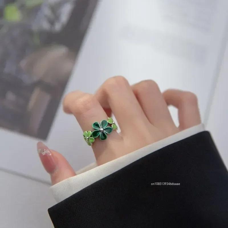 Silver Color Green Flower Ring Korean Leaf Rose Drip Oil Open Finger Rings for Women Girl Jewelry Gift Charm Fashion Accessories