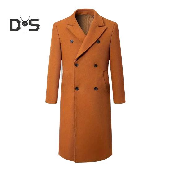 Men Windbreaker Suit Collar Long Sleeve Double-Breasted Thickened Woolen Coat Solid Color Pockets Design Mid-length Outwear