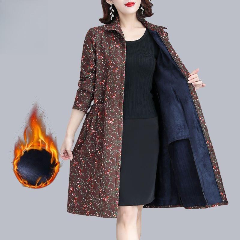 Middle-aged and Elderly Women's Velvet Thickened Windbreaker Coat Women's Autumn and Winter Slimming Mother's Wear Mid-length Winter Coat