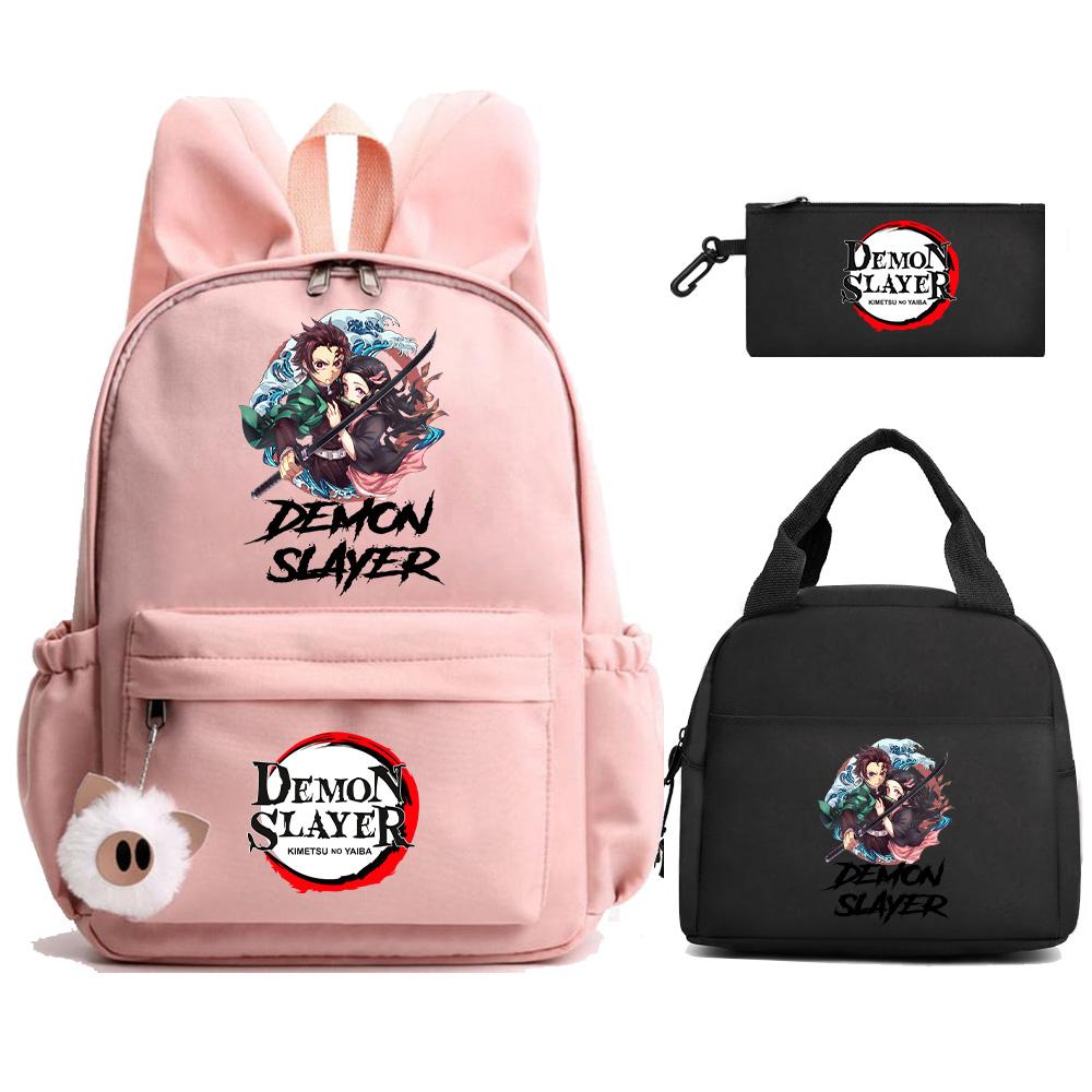 3Pcs/set Anime Demon Slayer Printed Backpack Lunch Bag Pencil Case for Student Schoolbag Girl Women Large Capacity Waterproof Travel Bag Gift