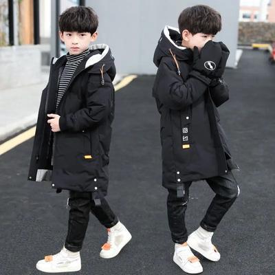 Winterjacke für Jungen, einfarbig, mittellang, warm halten, Kälteschutz, mit Kapuze, Daunen-Baumwoll-Windjacke