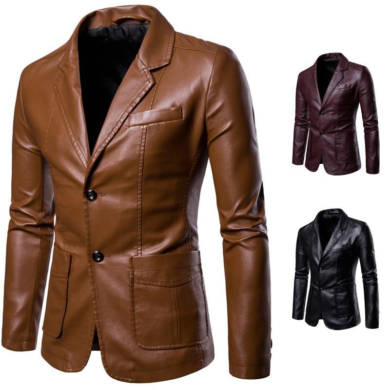 Mens PU Leather Blazer Jacket Slim Fit Casual Single-Breasted Coat