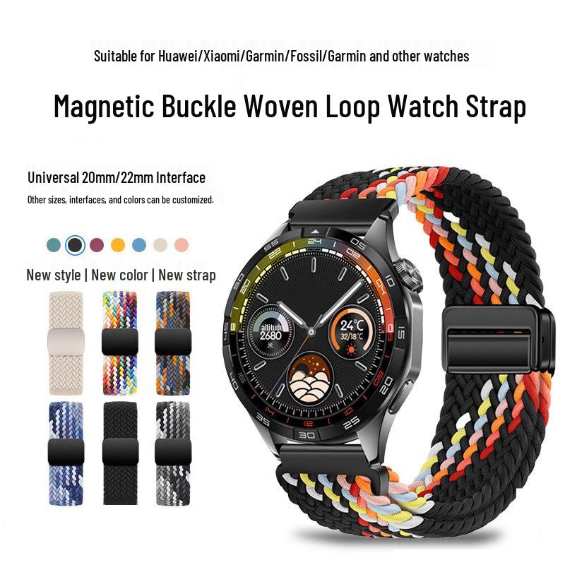 Nylon Woven Strap with Magnetic Buckle for Xiaomi Watch S5/S3, Huawei GT6/GT5, Garmin, and Samsung