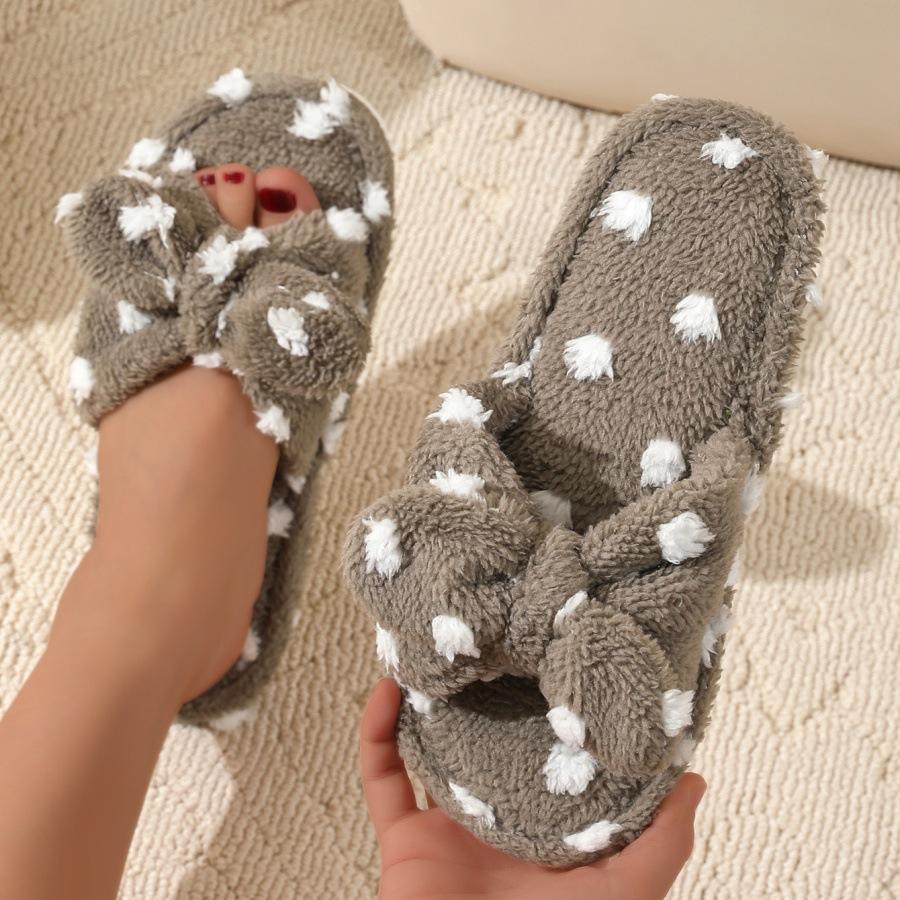 

Girl heart sweet cute bow cotton slippers female autumn and winter student home plush polka dot hair drag 42-43 хаки