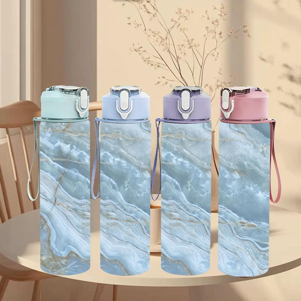 1PC Pale Blue Grey Wavy Marble Texture Background 750ml Color Plastic Sports Water Bottle Leakproof Flip Straw Lid Suitable for Sports Office Home Use