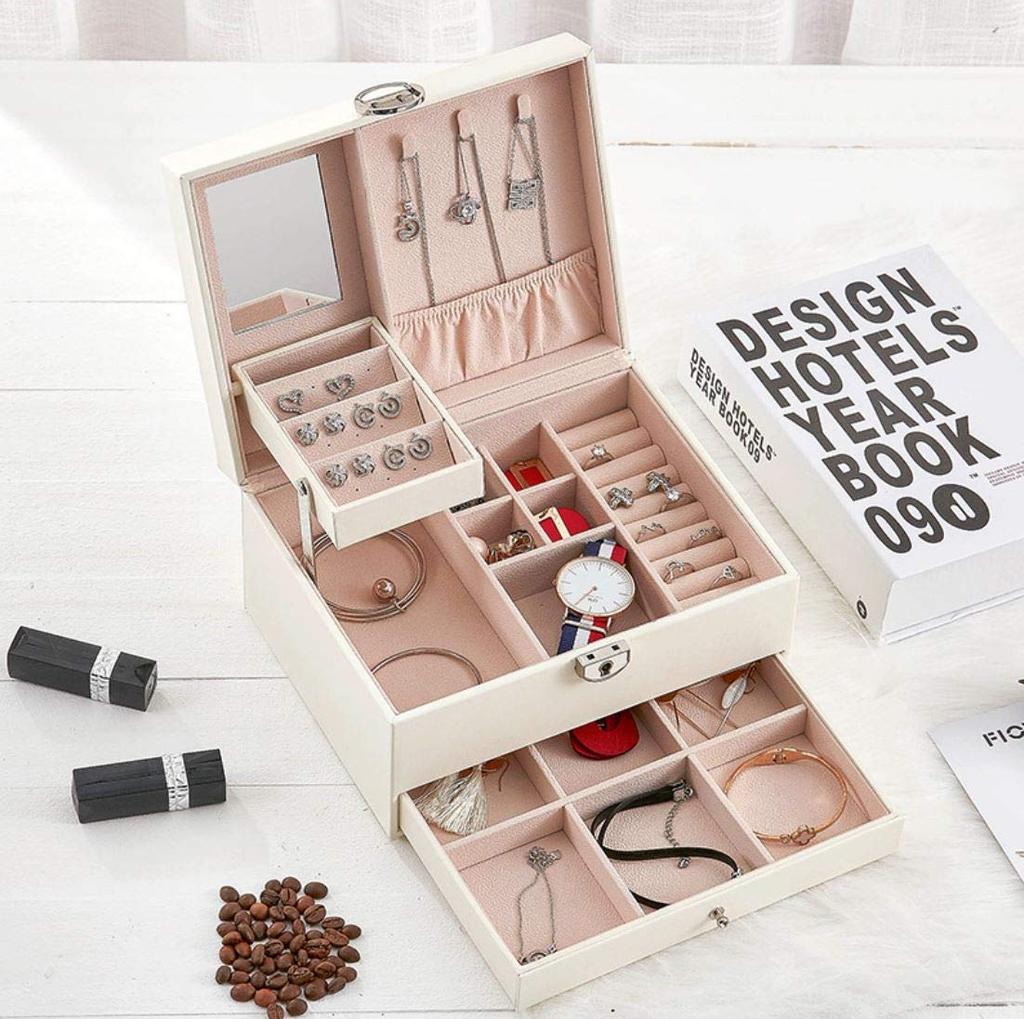 Jewelry Box, Accessory Case, Jewelry Storage, Large Capacity, Lockable, Mirrored, 01153 (White)