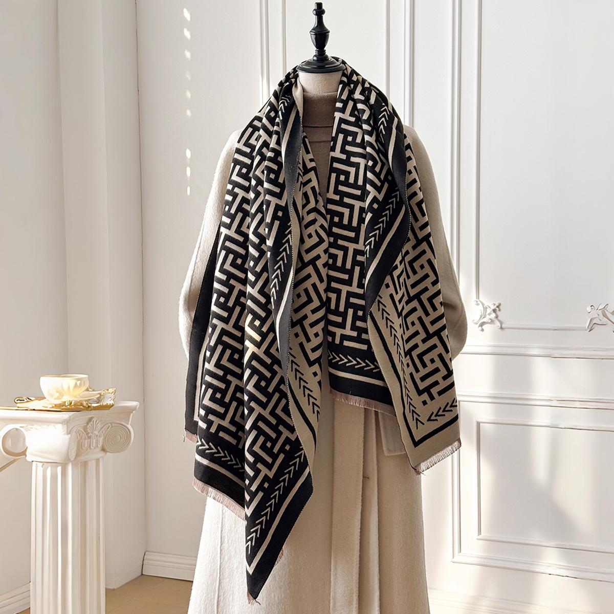 

Женский кашемировый шарф класса люкс - Зимний теплый шарф-пашмина с кисточками и геометрическим принтом по всей поверхности, фуляр и пончо