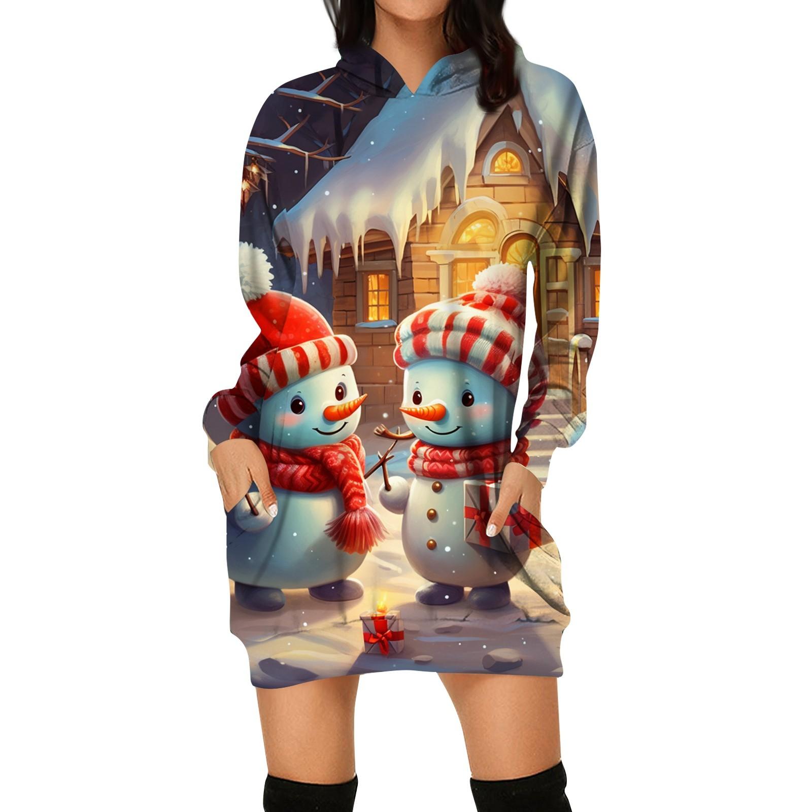 

Женские зимние платья Модные женские рождественские принты Письменный принт Карманы с капюшоном Платье-толстовка XL
