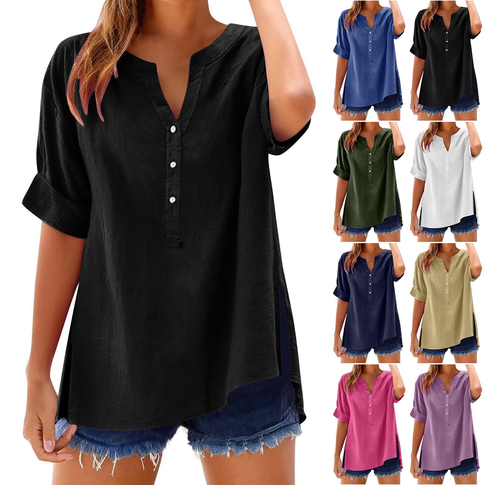 

Women s Summer Casual V-neck Button Shirt Solid Color Short Sleeve Hem Split Cotton Blouse S фіолетовий