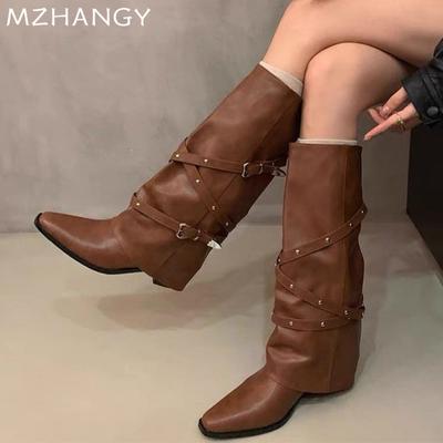 Fashion Women Pointed Toe High Boots Leather Mid Heels Fad Shoes Woman 2025 Trend Elegant Pumps Designer Motorcycle Boots Mujer Botas