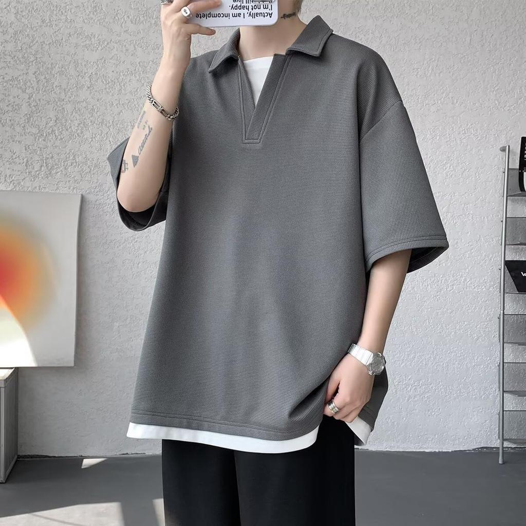 [Bligo] Men's Short-Sleeve T-Shirt, Thick, V-Neck, Trendy Casual Wear, Drop Shoulder, Stylish, Plus Sizes, Layered Look, Popular, Big Silhouette, Kore