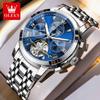 OLEVS Automatic Mechanical Watches for Men Stainless Steel Skeleton Flywheel Perpetual Calendar Rhombus Mirror Luxury Man Watch