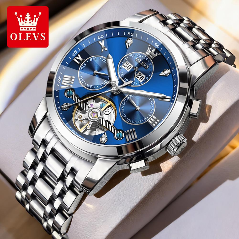 OLEVS Automatic Mechanical Watches for Men Stainless Steel Skeleton Flywheel Perpetual Calendar Rhombus Mirror Luxury Man Watch