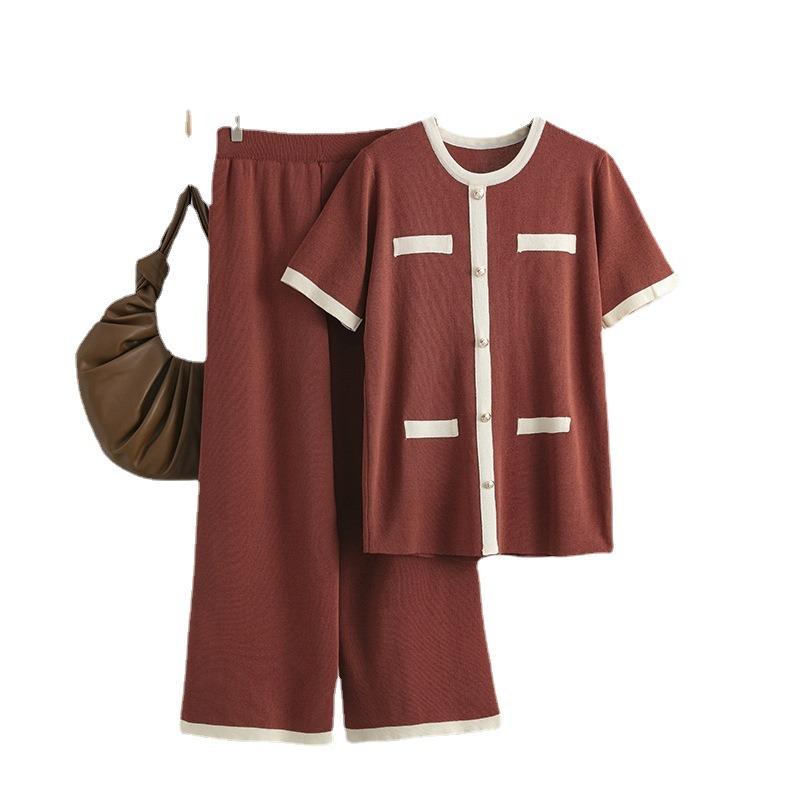 Set Women's Round Neck Breasted Contrasting Color Short-sleeved Top High Waist Versatile Wide Leg Knitted Trousers Two-piece Set