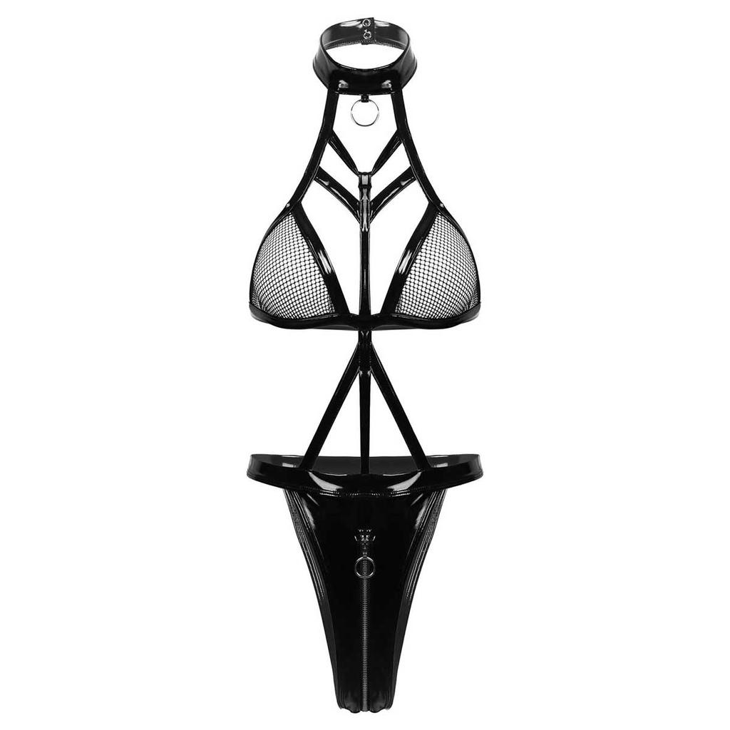 Porn PU Leather Erotic Open Crotch Bodysuit Zipper Open Crotch Bandage Breast Latex Women Sexy Lingerie