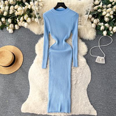 Rochie de pulover cu mânecă lungă șic elegantă, solidă, cu decolteu în formă de O, cu mânecă lungă, rochie sexy de tricot la modă