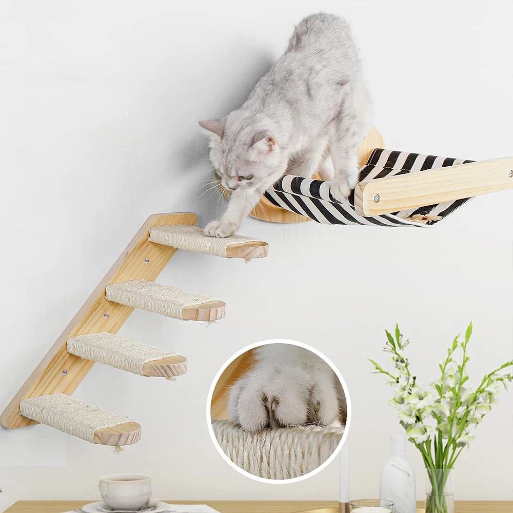 Solid Wood Wall-mounted Cat Tree Sisal Ladder  Cat Hammock Scratching Post. Suitable for Cats To Play and Rest.
