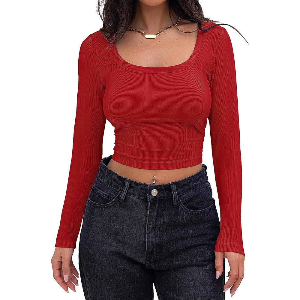 2024 European & American Ribbed Knit Slim Fit Square Neck Long Sleeve Women's T-Shirt
