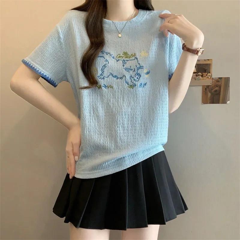 

Korean Version of Cartoon Kitten Short-sleeved T-shirt for Women Summer Fun Embroidered Design Versatile Top XL синій