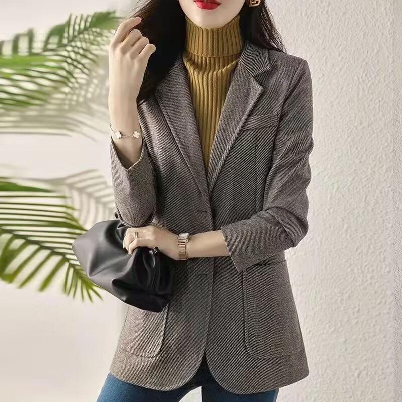 Dame High-End Grå Dressjakke: 2025 Vår Koreansk Stil Casual Liten Blazer