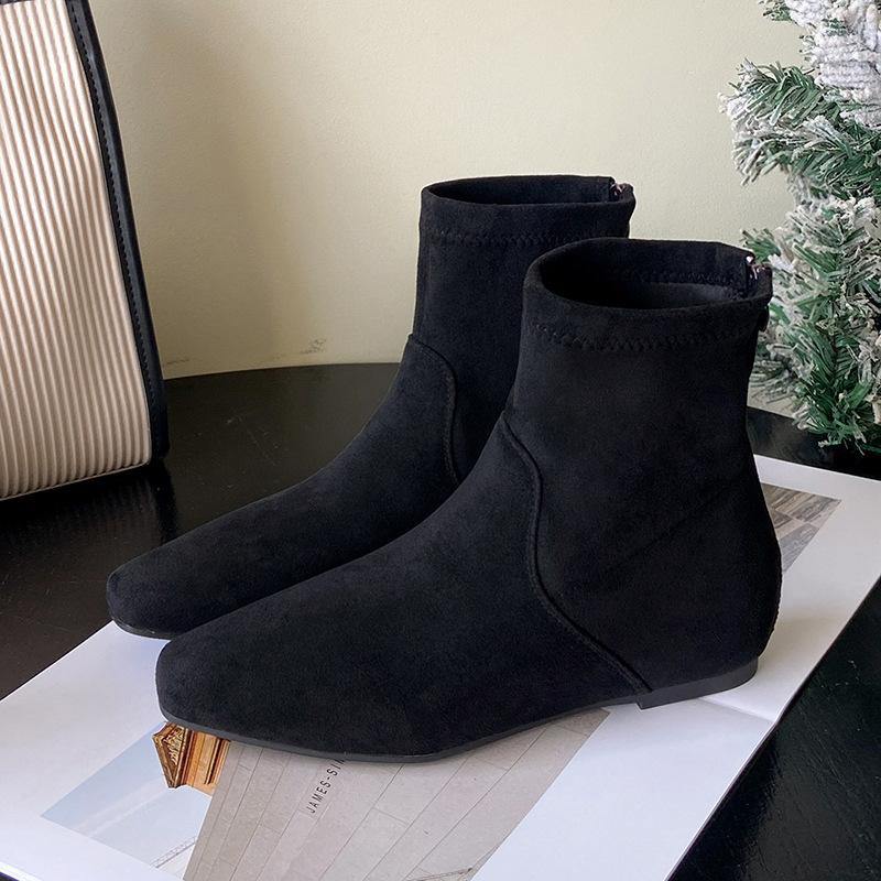 French retro square head flat bottom thin boots women's 2025 new versatile comfortable rear zipper western cowboy boots