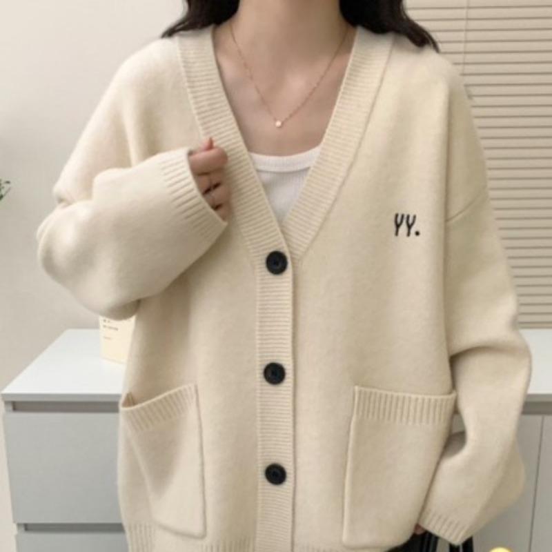 

Повседневная большая версия вышитого вязаного свитера осень-зима ленивый ветер свободный ретро кардиган с V-образным вырезом куртка женская One Size