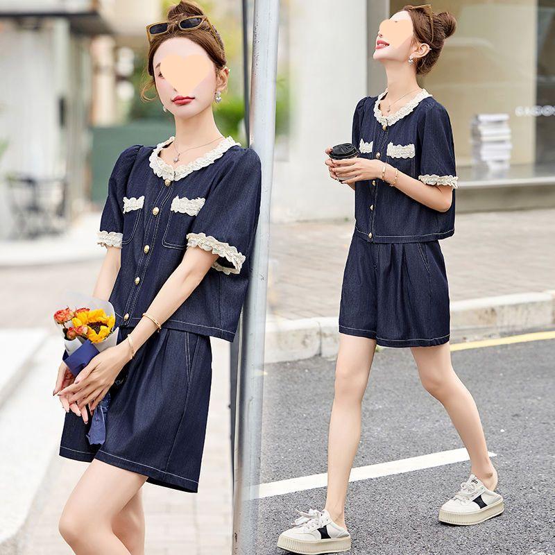 

Summer 2026 Plus Size Lace Patchwork Denim Set: Short Sleeve Top & Wide Leg Pants Two-Piece Outfit M (suggested for 40-50 kg) синий