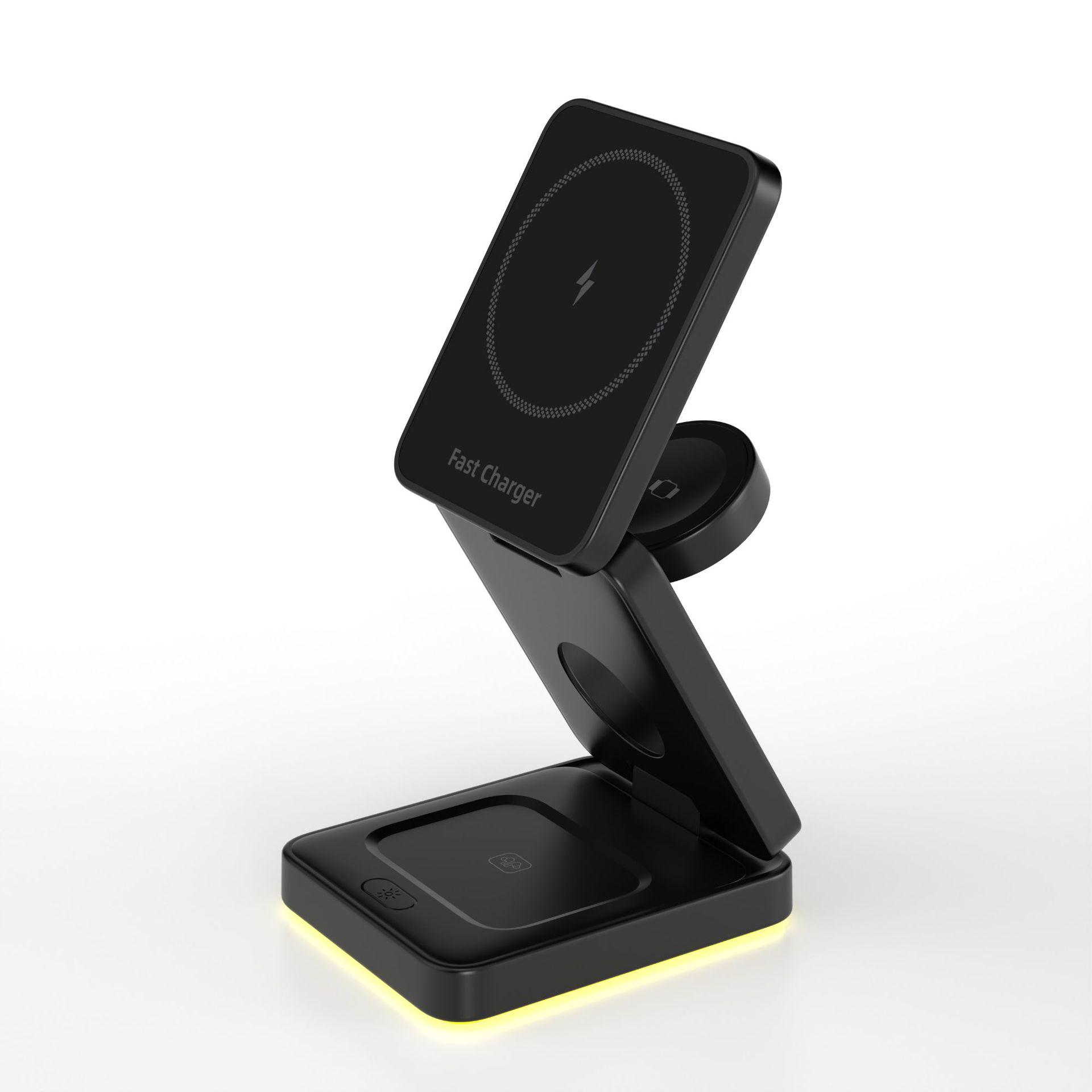 

Складная магнитная беспроводная зарядная LED-лампа 3-в-1 для телефона и часов Apple чёрный