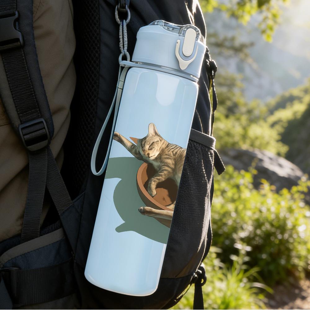 1PC Cat Curled In Wicker Basket 750ml Color Plastic Sports Water Bottle Leakproof Flip Straw Lid Suitable for Sports Office Home Use