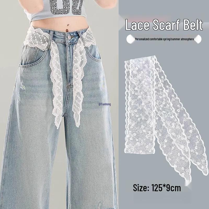 

Женские корейские джинсы с кружевной отделкой и завязкой на талии, с бантом Lace Trim Scarf Waistband, Single, Versatile