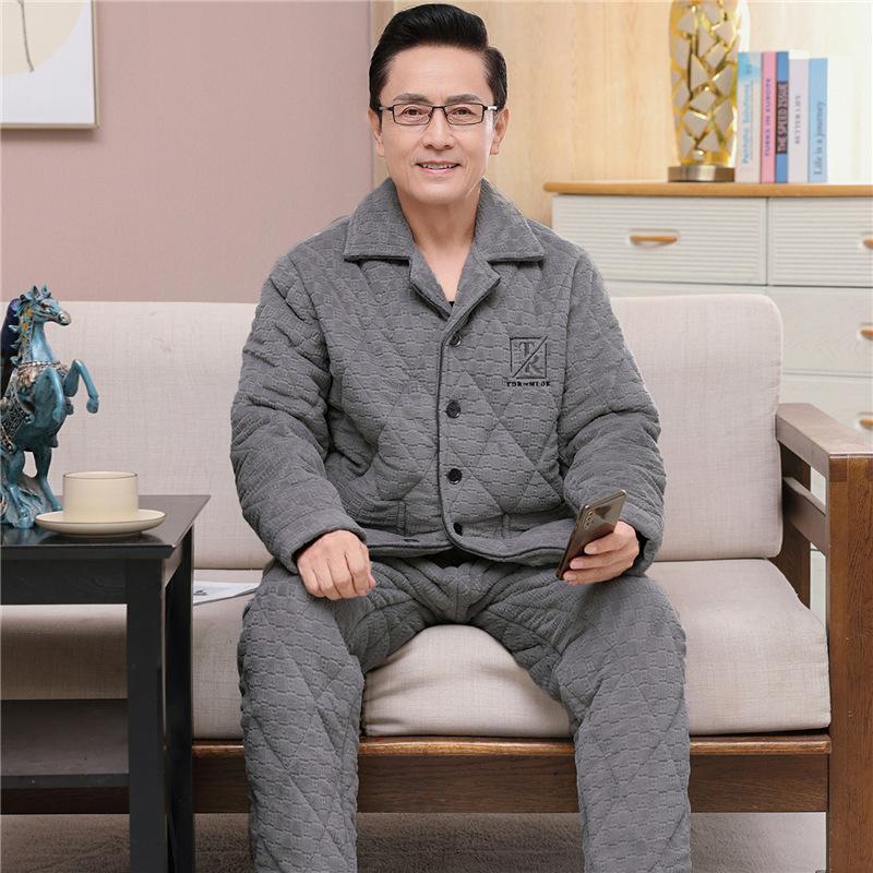Winter Coral Fleece Men's Pajamas Three-layer Thick Quilted Middle-aged and Elderly Grandpa Flannel Home Service Padded Jacket Suit