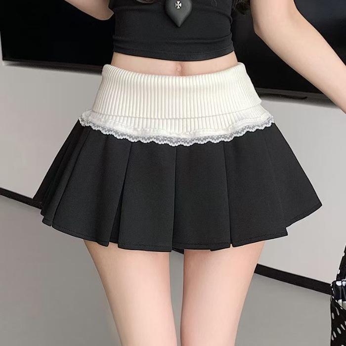 Gray Lace Knit A-line Pleated High Waist Mini Skirt with Belt for Spring/Summer