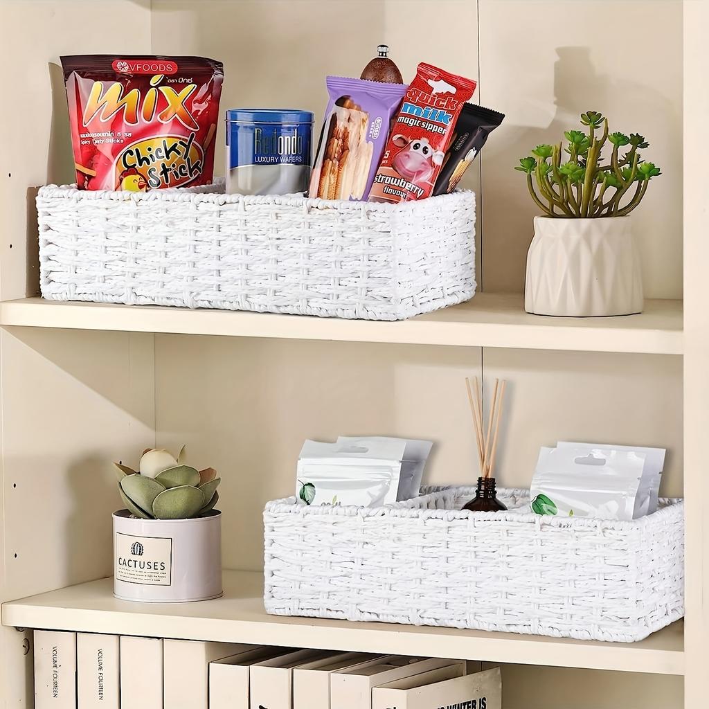 1pc Woven Three-Compartment Storage Basket, Handmade Paper Rope & Willow Storage Bin, Toilet Tank Top Tissue Box Holder