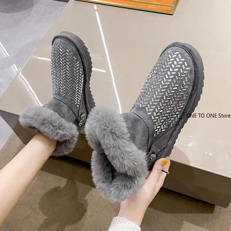 Fashion High Platform Shoes Winter Snow Boots Slip-on LazySeal Warm Real Mink Fur Shoes Women Luxury Crystal Hand Stitching Leather Boot