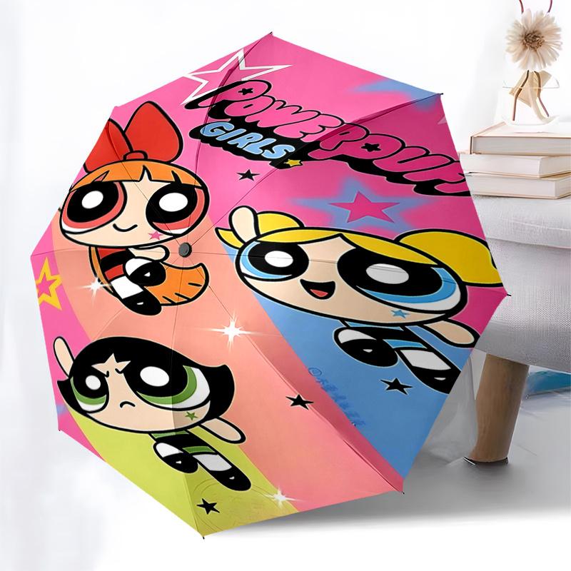 Powerpuff Girls Automatic Opening/Closing Umbrella - Portable 3-Fold Design with 8-Bone Steel Frame - for Fans, Travelers, and Everyday Use