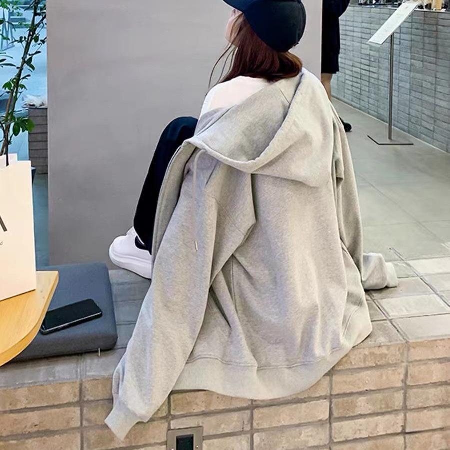 Kadın Hoodies Sonbahar Retro Düz Renk Zip Up Büyük Boy Tişörtü Harajuku Uzun Kollu Kapşonlu Ceketler Ceket
