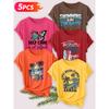 Five-piece Set Elegant Short-sleeved Shirt for Women Coconut Trees and Waves by the Sea SELF CARE English Resort-style Printed Round-neck Women's
