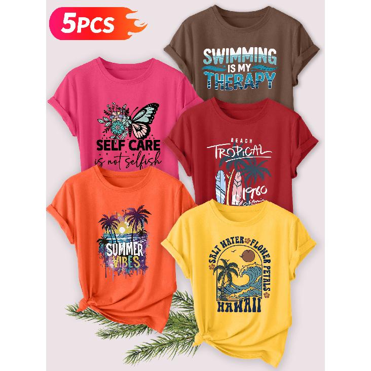 Five-piece Set Elegant Short-sleeved Shirt for Women Coconut Trees and Waves by the Sea SELF CARE English Resort-style Printed Round-neck Women's