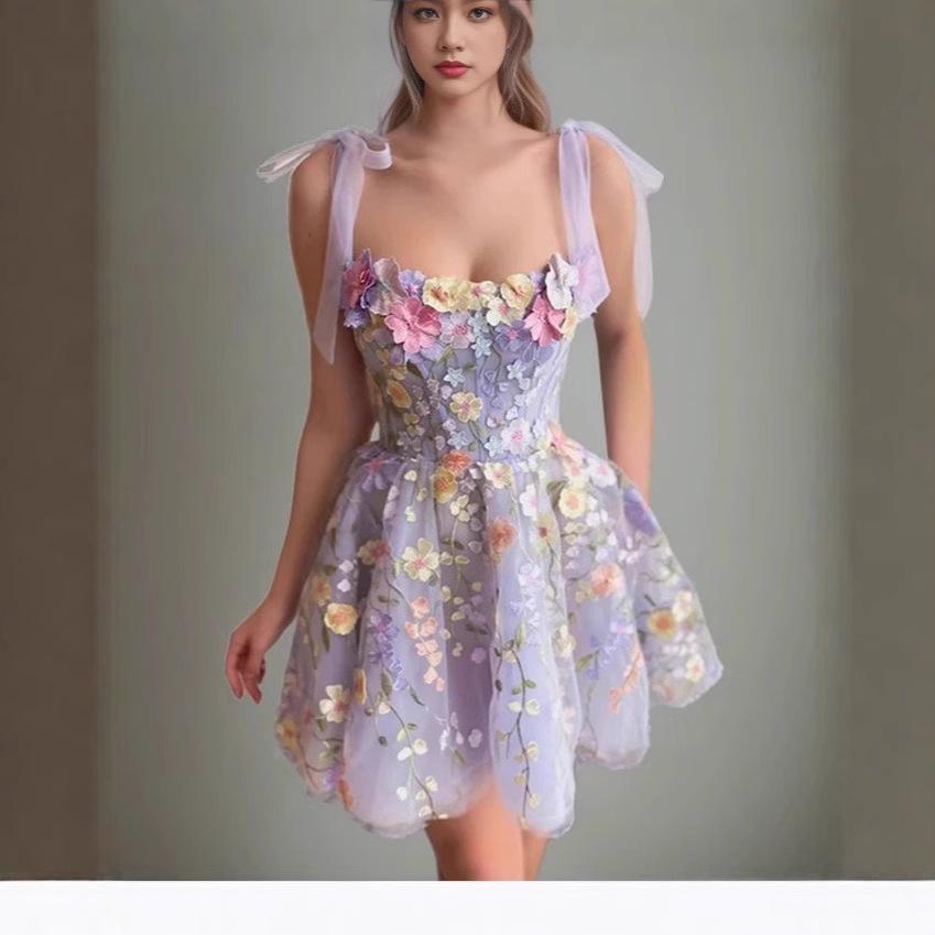 New European, American, Women's Fashion Three-dimensional Flower Embroidered Hip-wrapped Sexy Suspender Dress